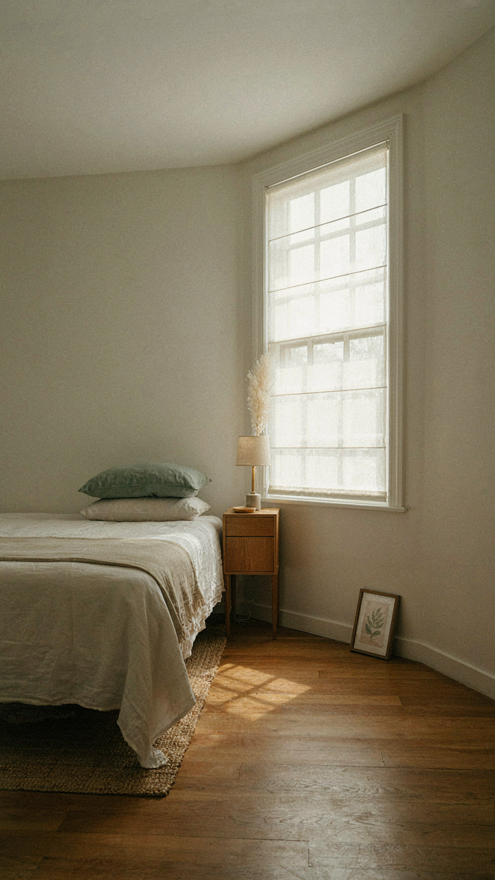 A functional cottage guest bedroom with a bed by a window and a dimmable lamp.