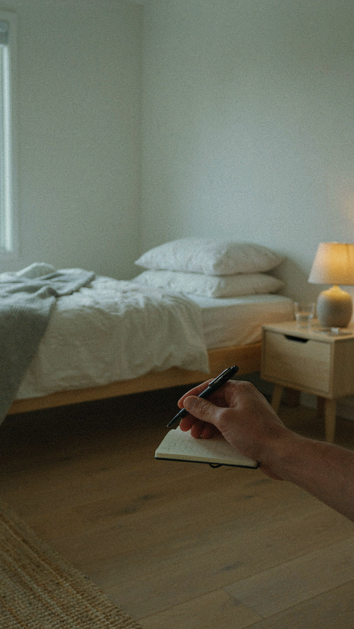 A hand writes notes in a journal by a simple bed, tracking sleep disruptions.