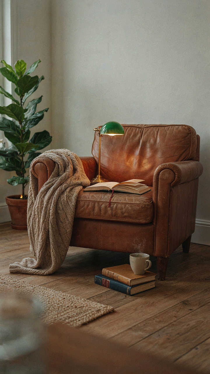 A cozy reading nook with layered cottage lighting, including task, ambient, and accent lights.