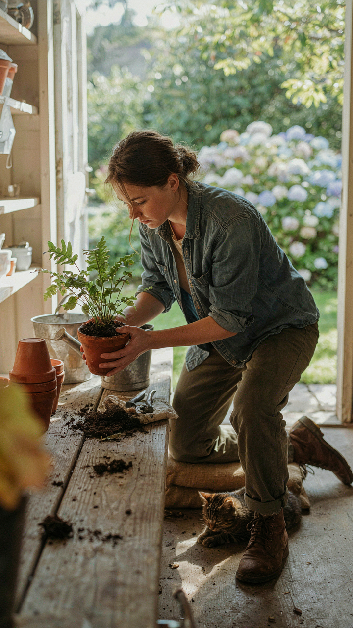 A person works at a neat potting bench on a garden shed porch, focused on their task.