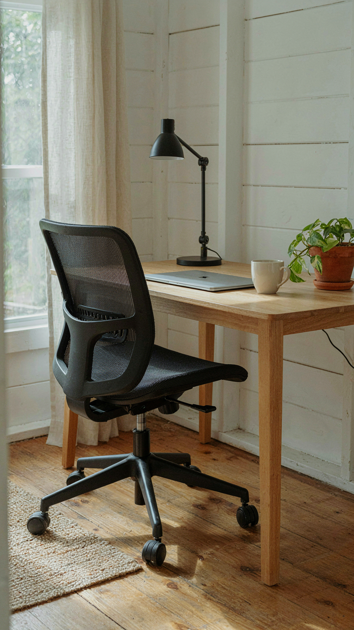 An ergonomic chair and desk setup in a she shed, optimized for posture and light.