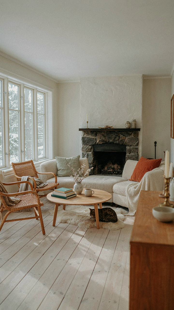 A scandinavian cottage living room arranged around a central fireplace.