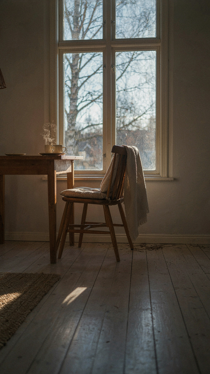 Winter sun streaming through a large window into a simple wooden room.