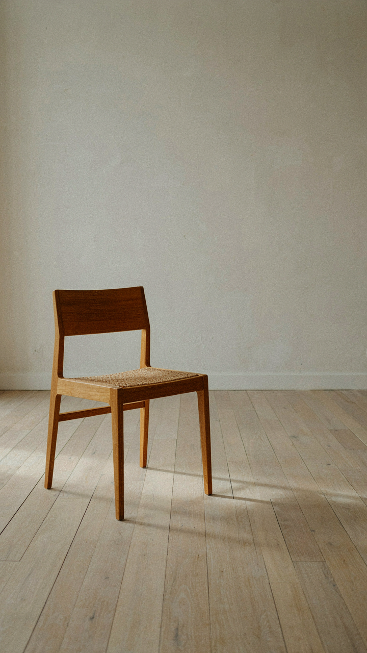A simple wooden chair sits on a pale wood floor in a Scandinavian cabin interior.
