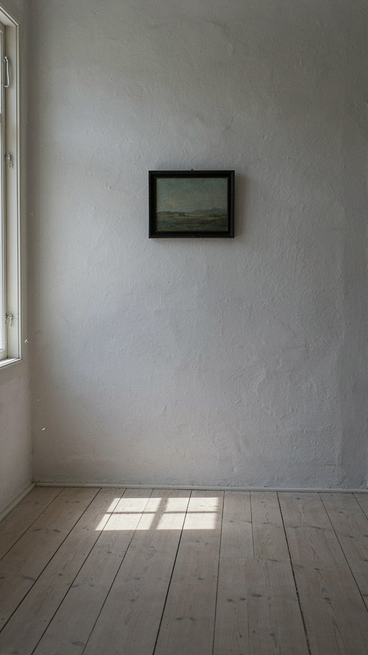 A minimalist room in a swedish summer house with a single painting on a white wall.