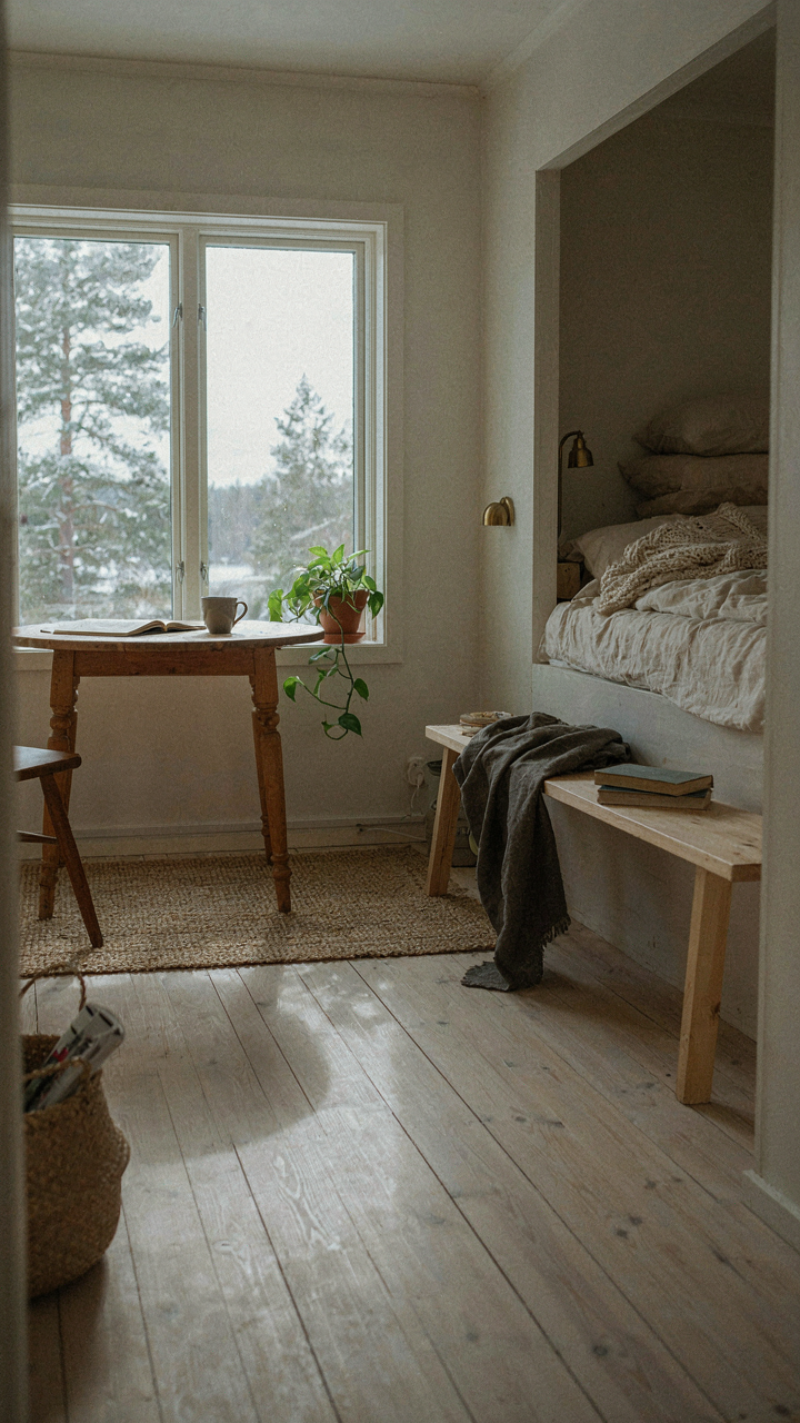 A clear, focused workspace in a nordic cabin with a window view.