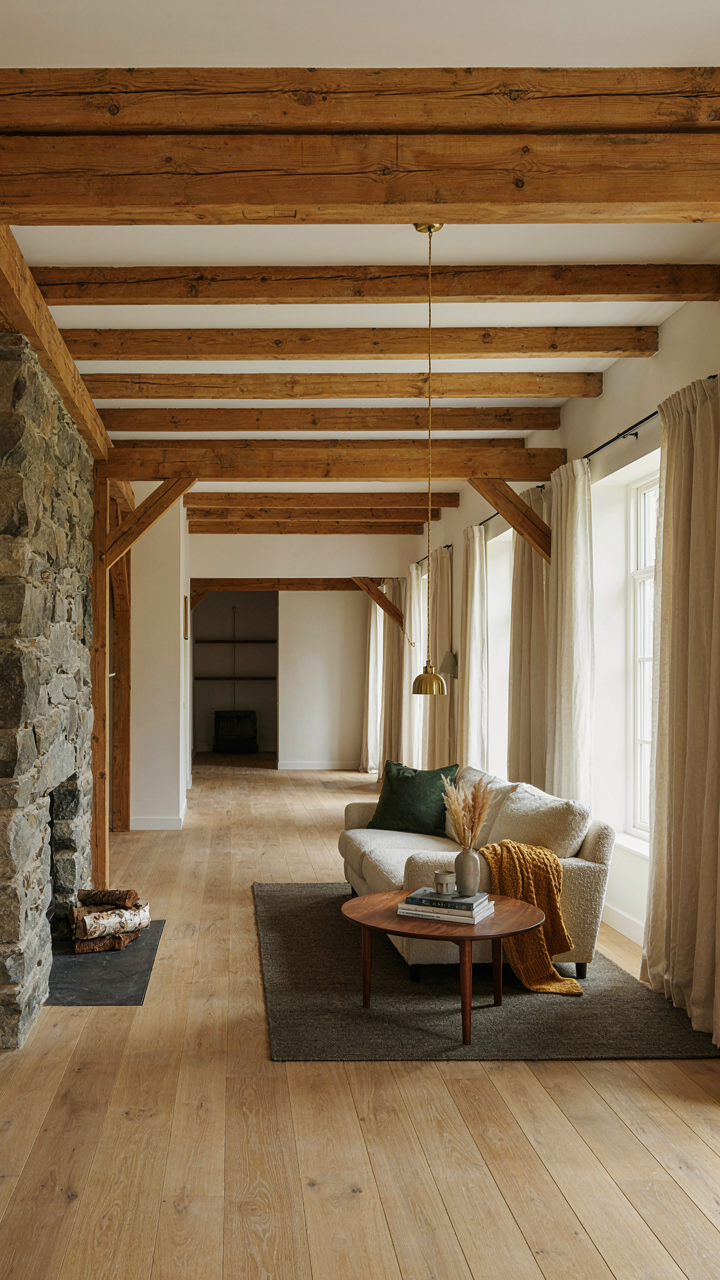 A scandinavian guest house interior with heavy timber framing and a stone fireplace.