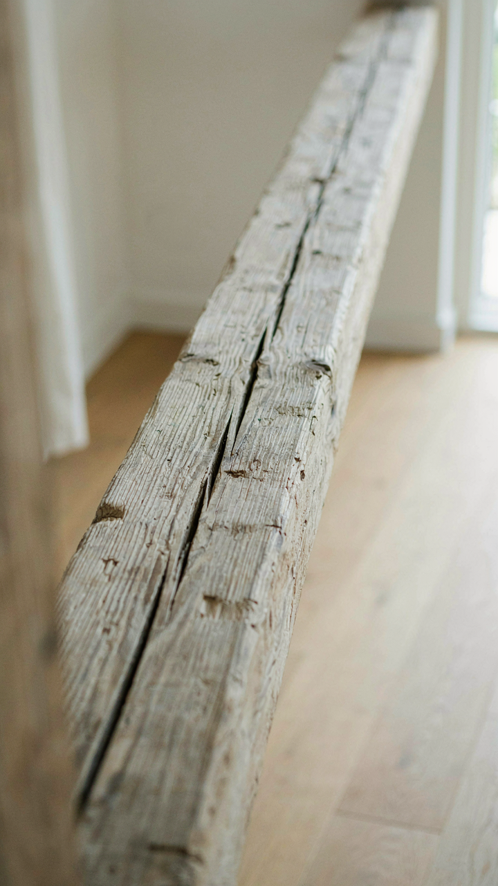 Weathered wooden beam showing deep cracks and sun bleached texture.