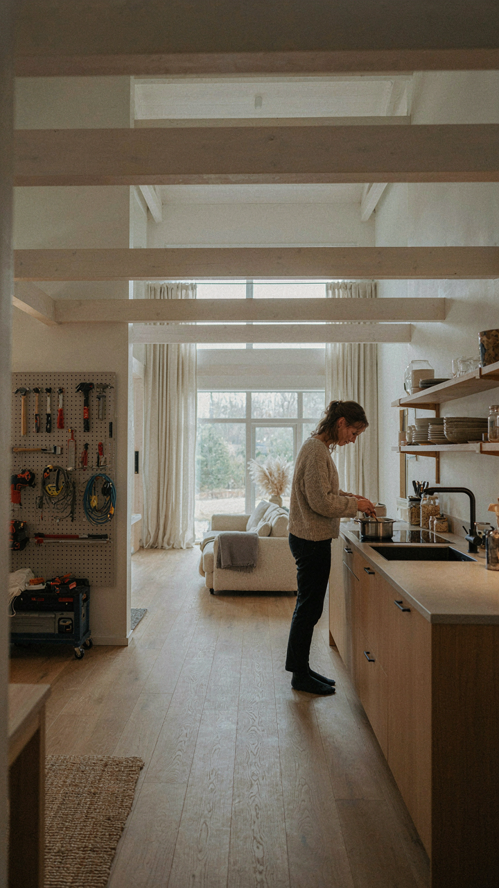 Modern scandinavian barndominium interior with a workshop and kitchen area.