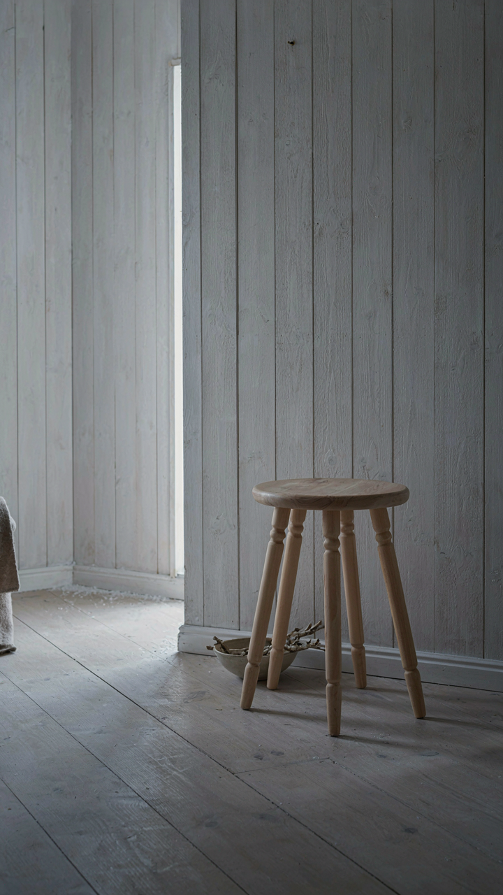 An empty, uncluttered corner of a nordic cabin with a single wooden stool.