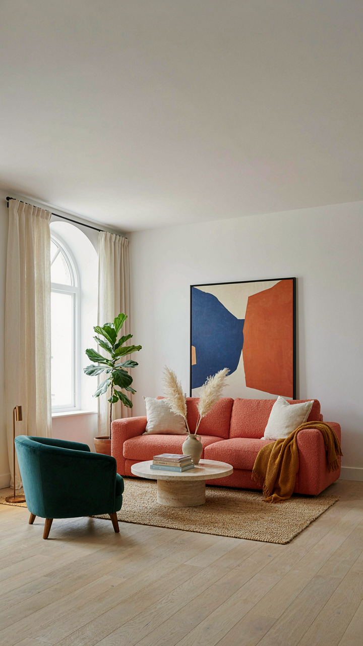 A thick wool area rug on a time-worn wooden floor with linen curtains.