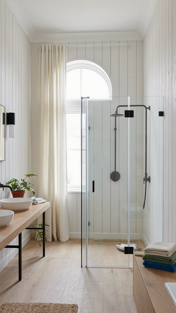 A modern shower in a scandinavian farmhouse bathroom with whitewashed wood.