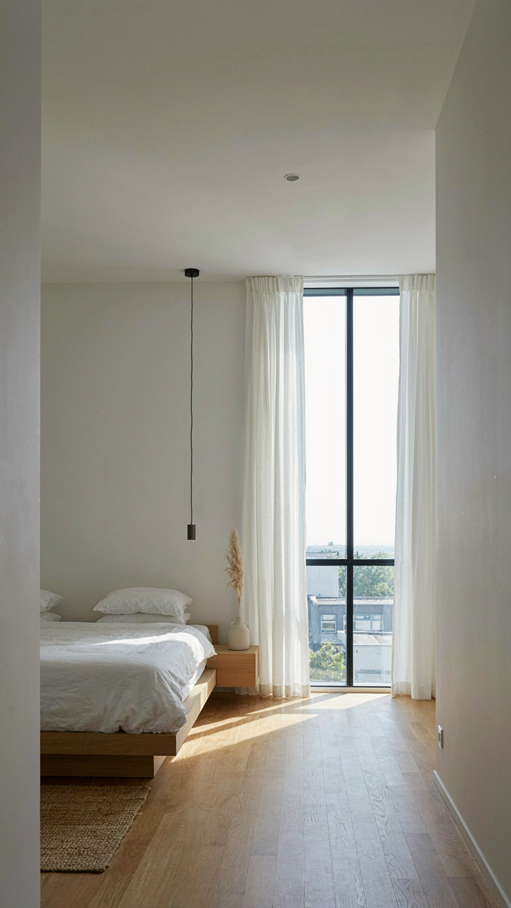 A light-filled, uncluttered bedroom with a simple bed and a clear path to a window.