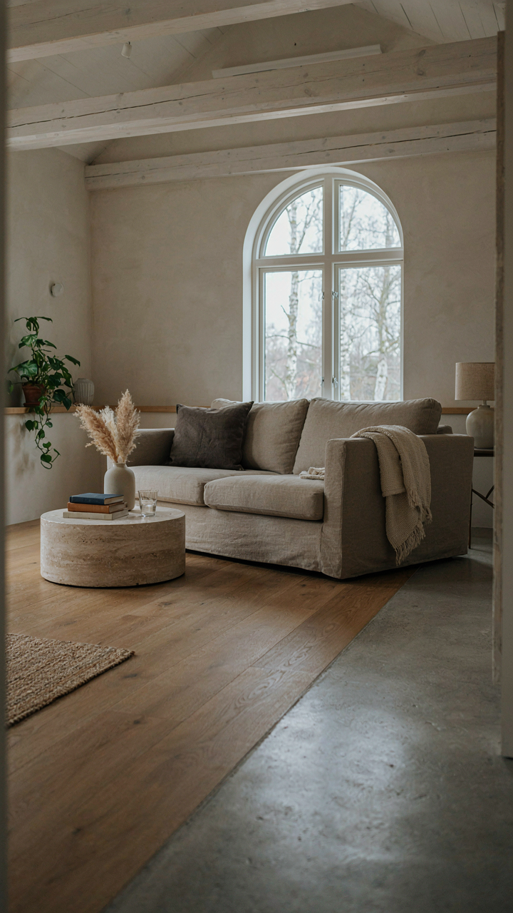 Open concept scandinavian barn house interior with concrete to wood floor transition.