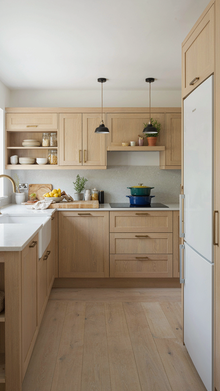 A well organized scandinavian farmhouse kitchen with pale oak cabinetry.