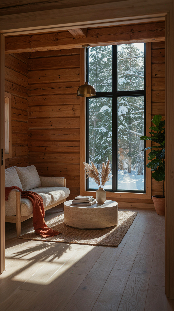 Winter sun streaming through a large window onto a white cabin interior.