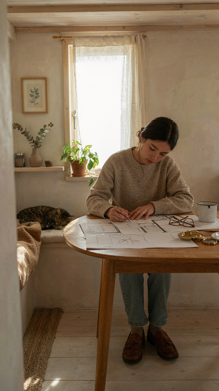 A person sketches a tiny cabin floor plan at a small table.