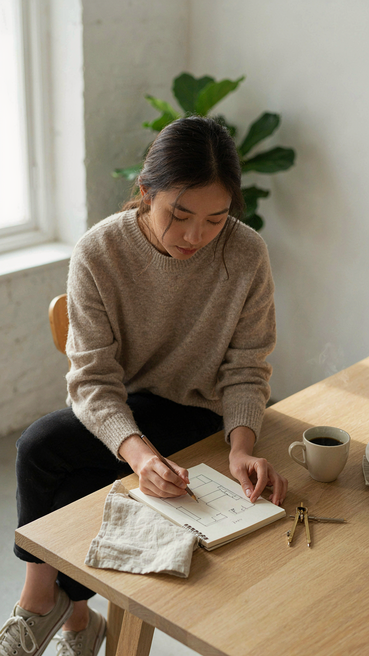 A person sketching efficient lake cottage plans on a small notebook.