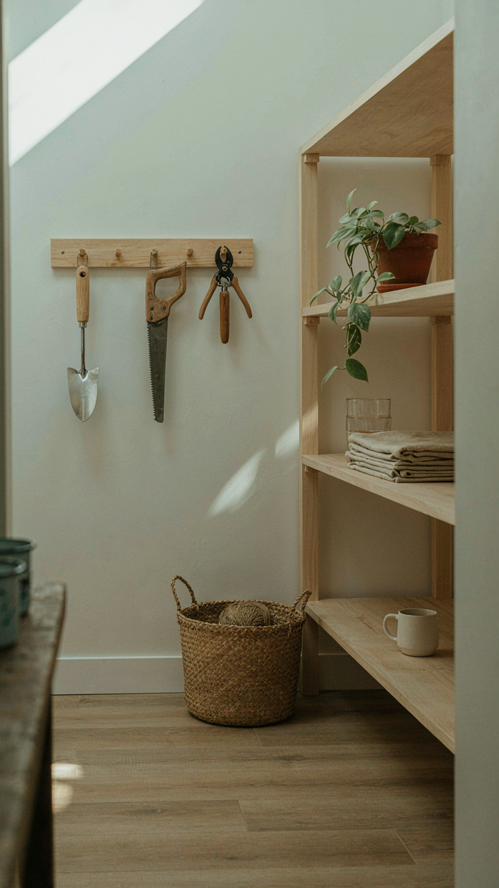 A minimalist she shed interior with essential tools and ample negative space.