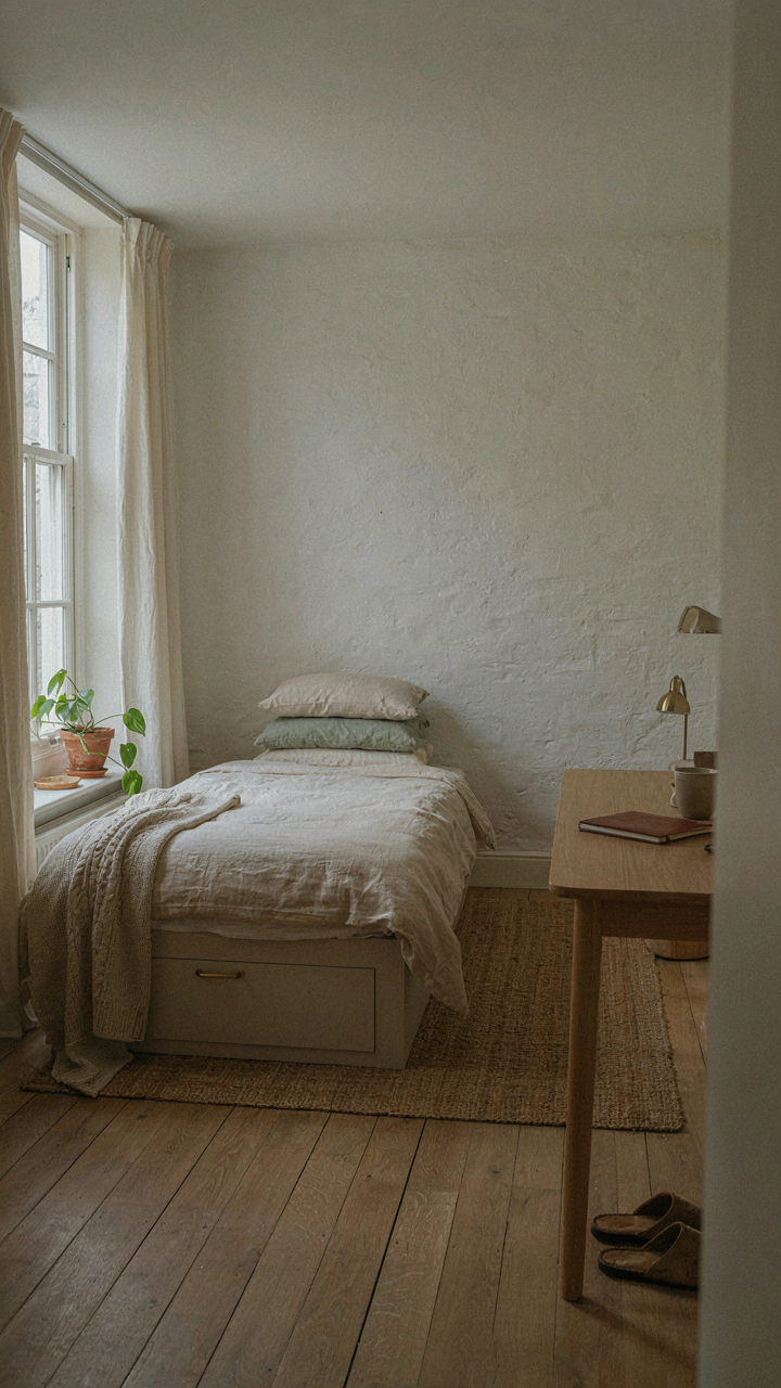 A small bedroom in a tiny cottage has a bed with storage and a simple desk.