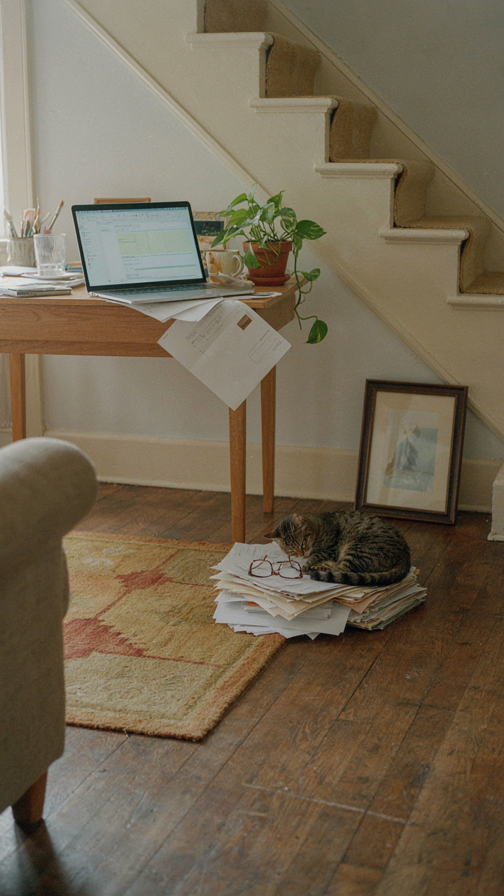 A cramped home office desk is placed awkwardly under a set of stairs.