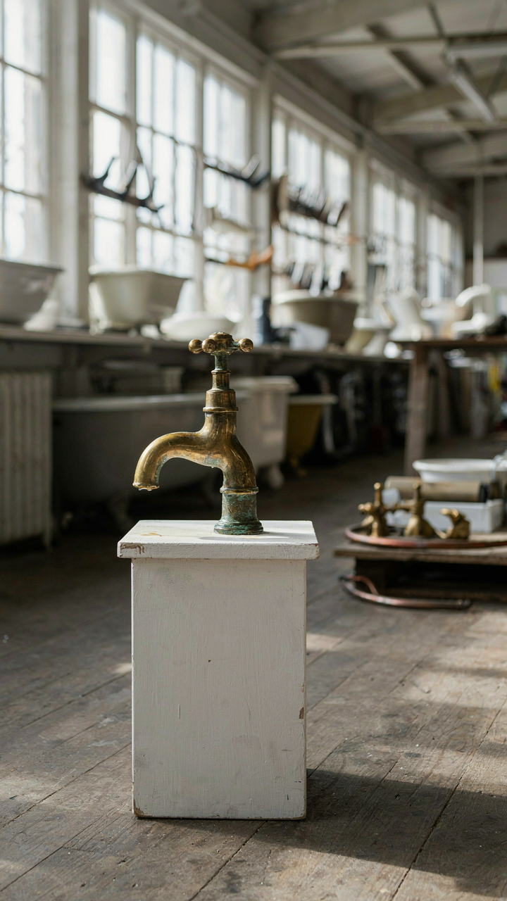 A unique vintage brass faucet fixture displayed in a salvage shop.