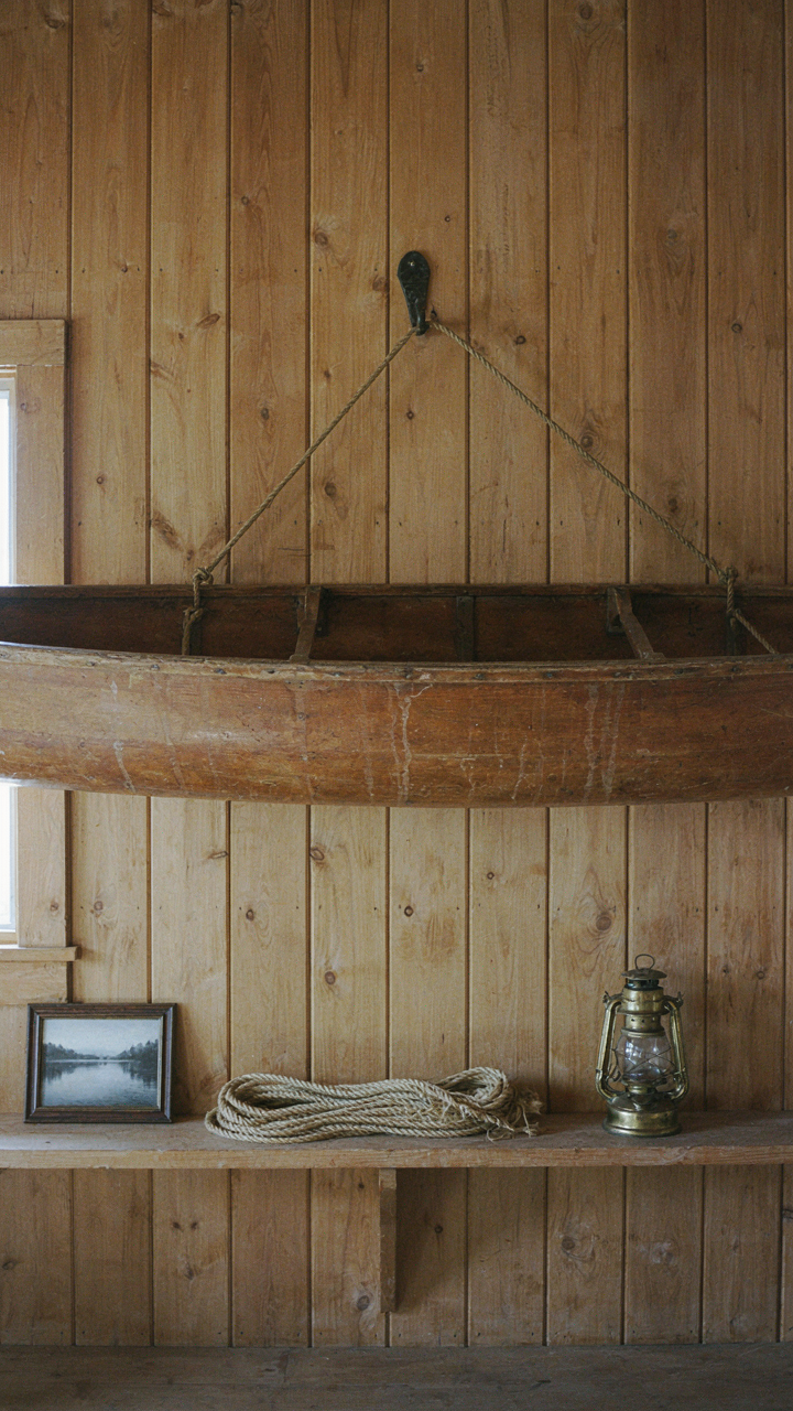 A weathered wooden canoe hangs alone on a simple cabin wall.
