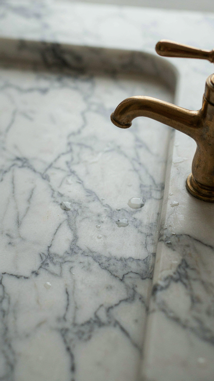 Genuine Calacatta marble and a real brass faucet with slight patina.