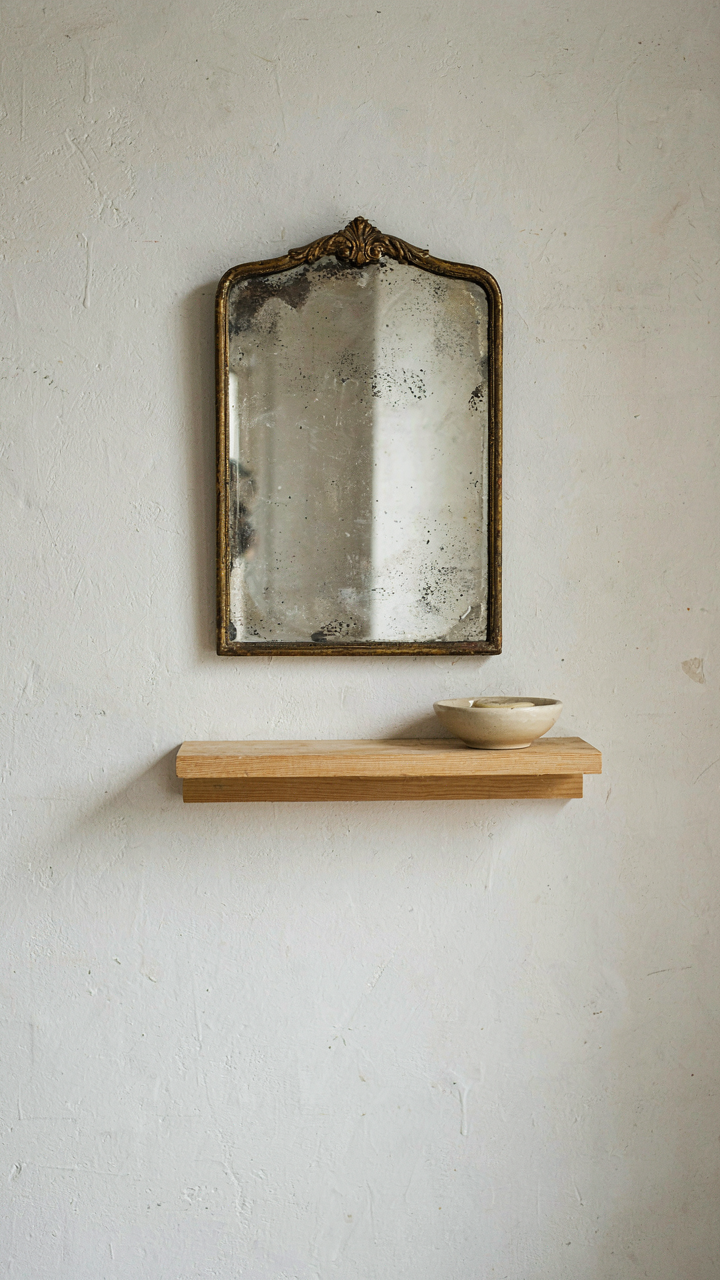 A single foxed vintage mirror hangs above a simple wooden shelf with one soap dish.