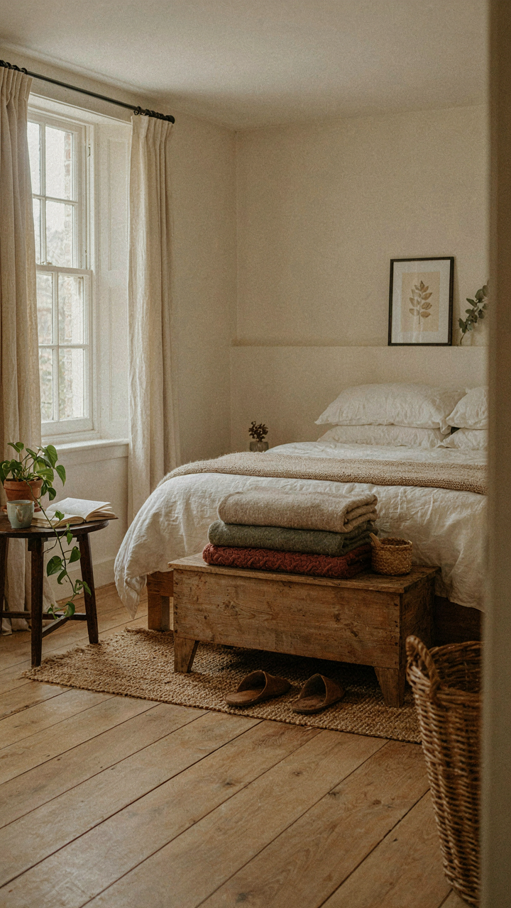 A storage bench at the foot of a bed provides seating and linen storage in a small room.