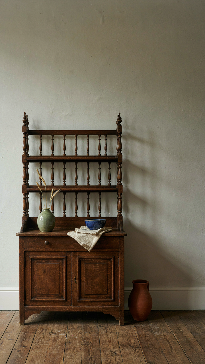 A single Welsh dresser displaying a few ceramic pieces in an empty room.