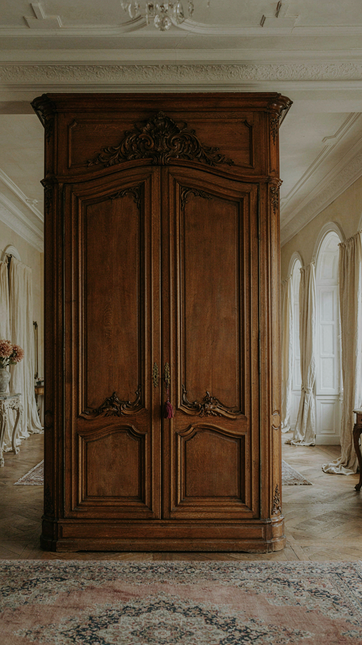 A large French chateau bedroom with a single, grand armoire.