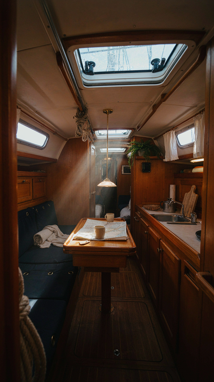 A small sailboat cabin interior shows efficient, multi-use design.