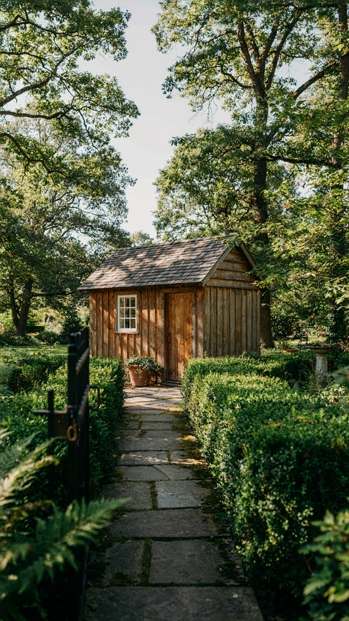 A private, secluded pathway leading to a stylish she shed guest house.