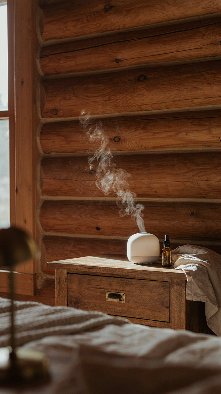 An essential oil diffuser on a nightstand in a log cabin bedroom.