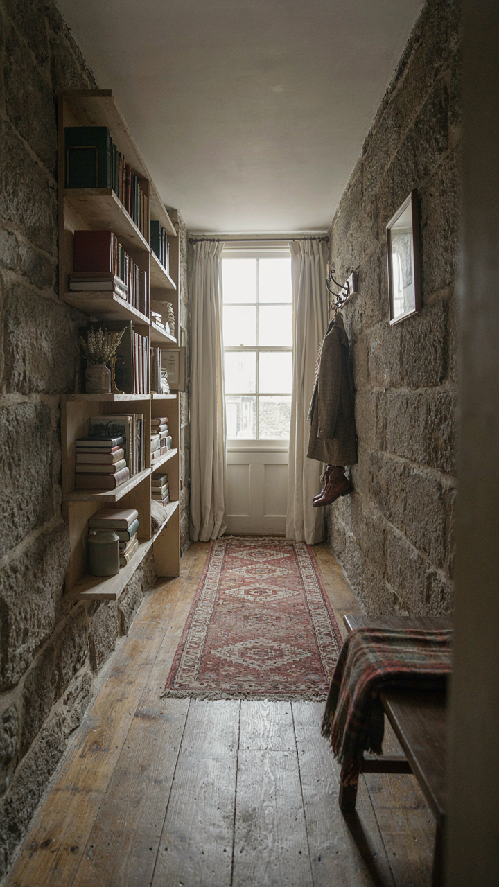 A narrow hallway in a scottish cottage with built-in shelves and stone walls.