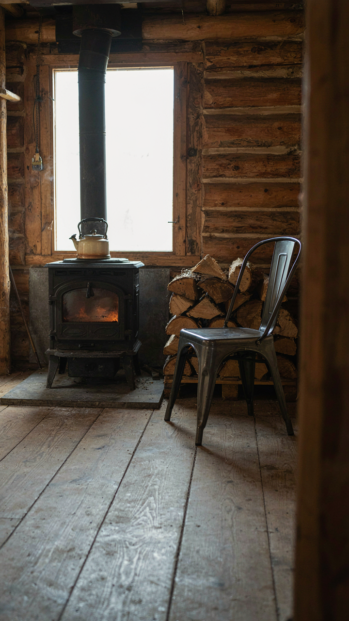 A simple cast iron wood stove with firewood in a small fishing cabin.