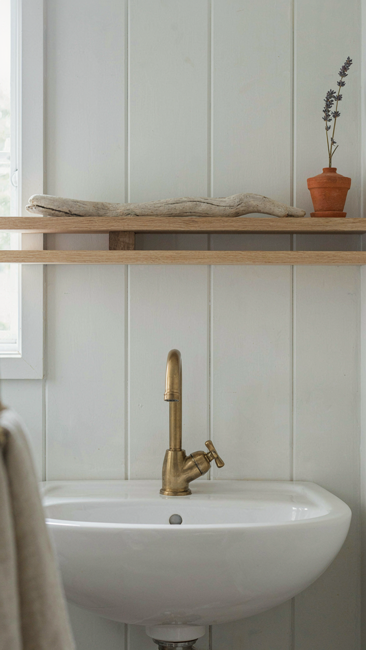 A piece of driftwood on a clear open shelf in a coastal cottage bathroom.