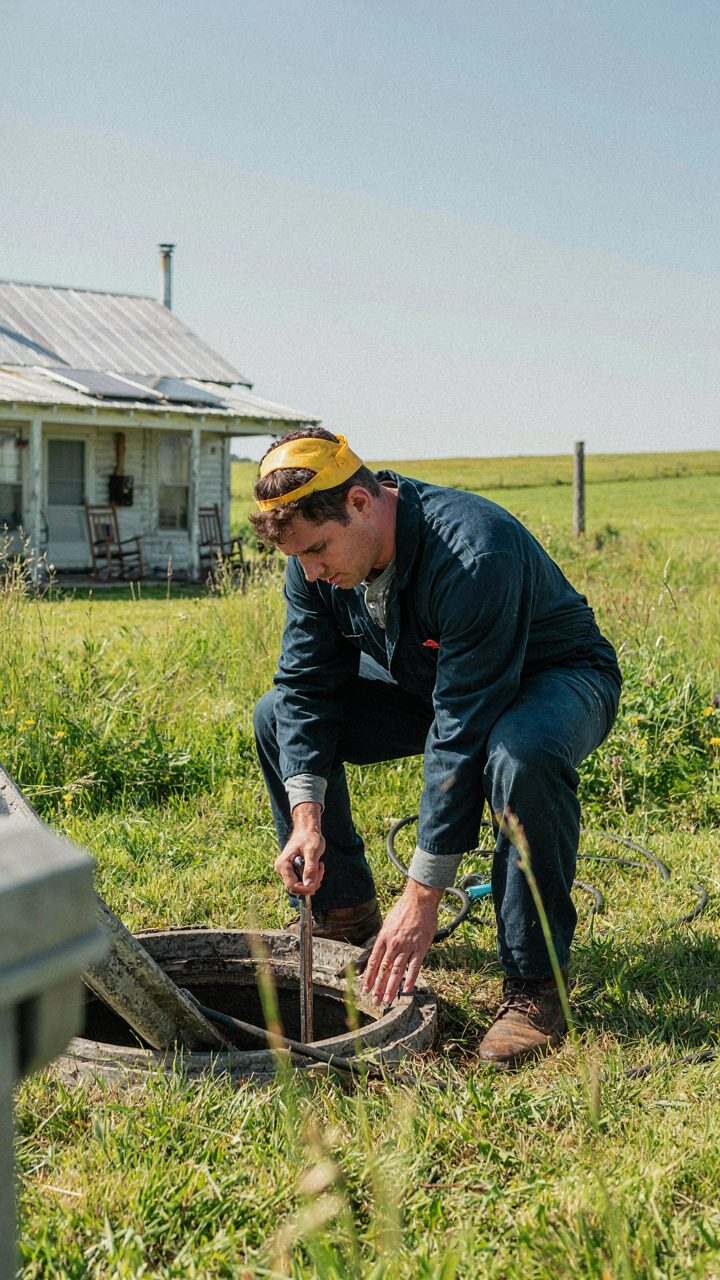 A technician services a septic system next to a small house.