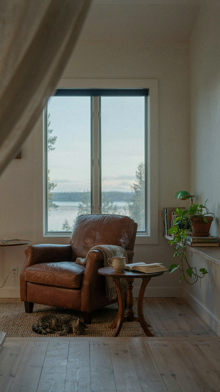A cozy, solitary guest cabin interior with an armchair facing a window to a serene landscape.