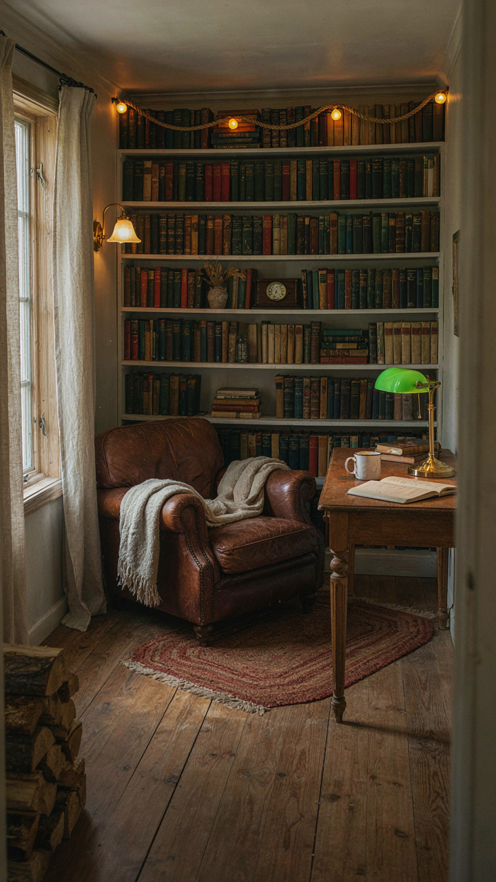 A cozy one room cabin with multiple light sources creating depth and warmth.