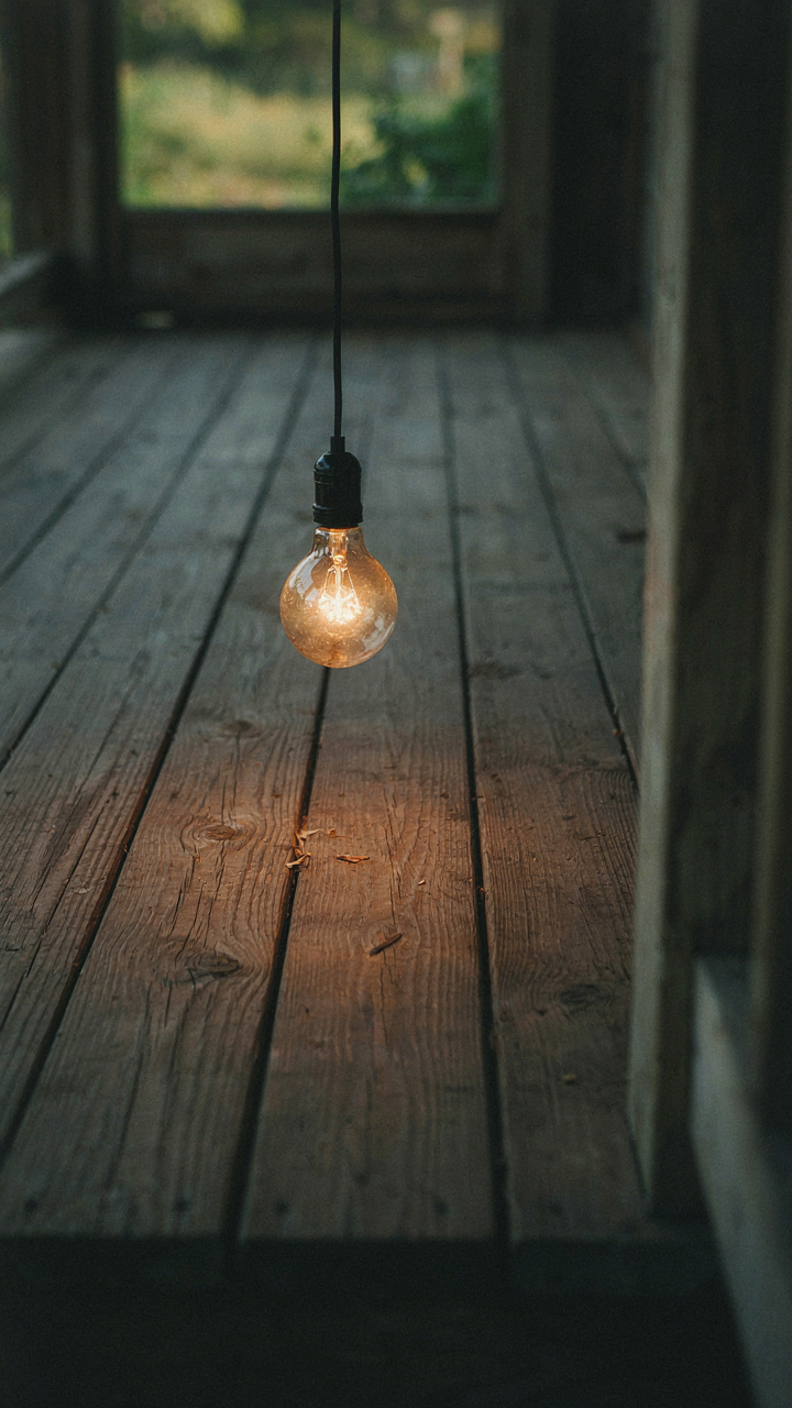 A frosted light bulb casts a warm amber glow on a rustic porch floor.
