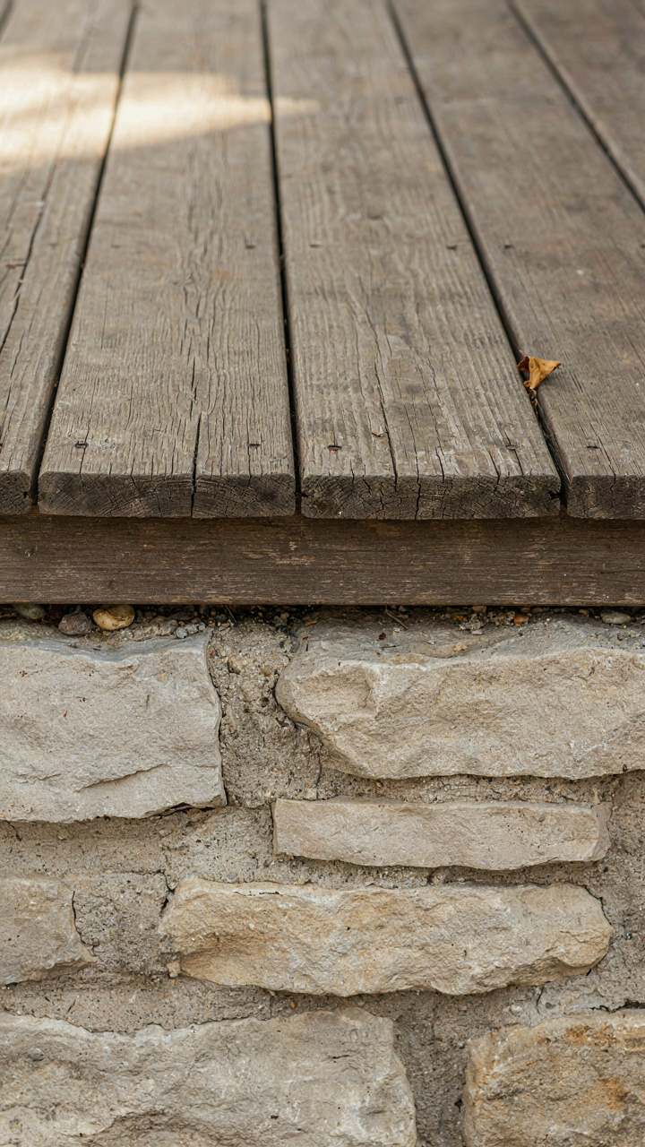 Weathered wood porch boards meet a simple natural stone foundation.