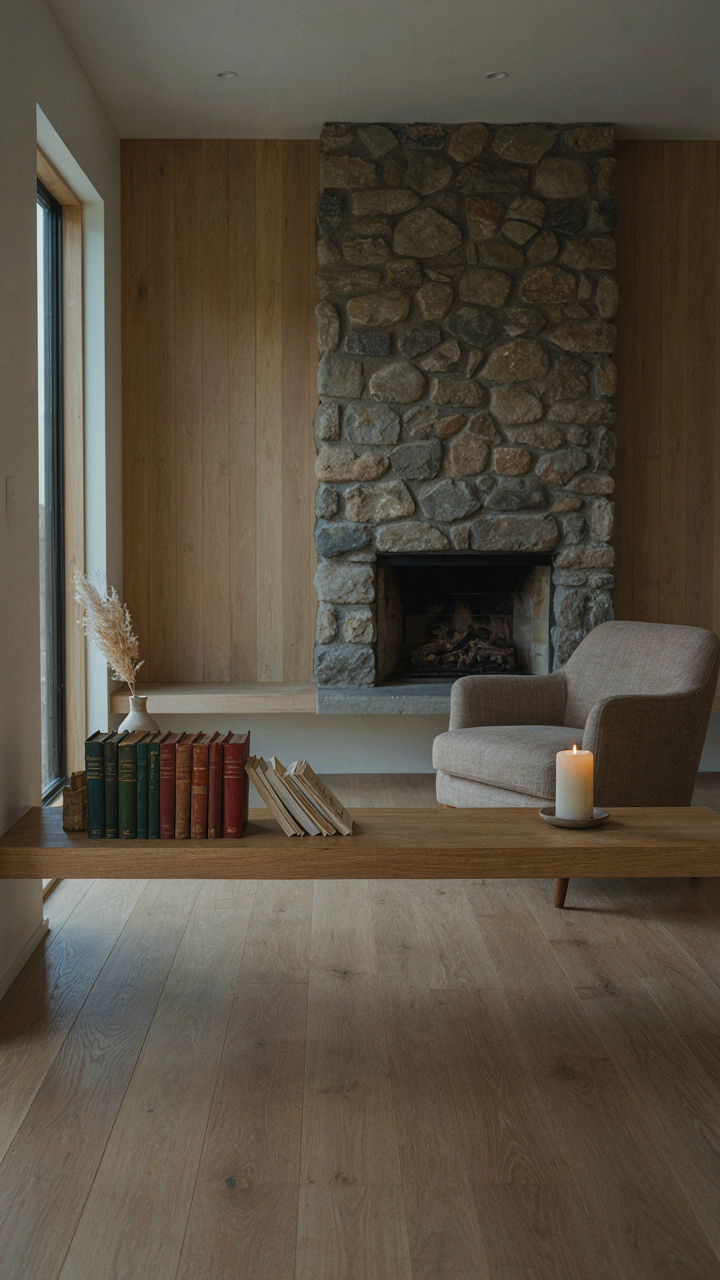 A cabin living room has light wood walls, a stone fireplace, and a candle.