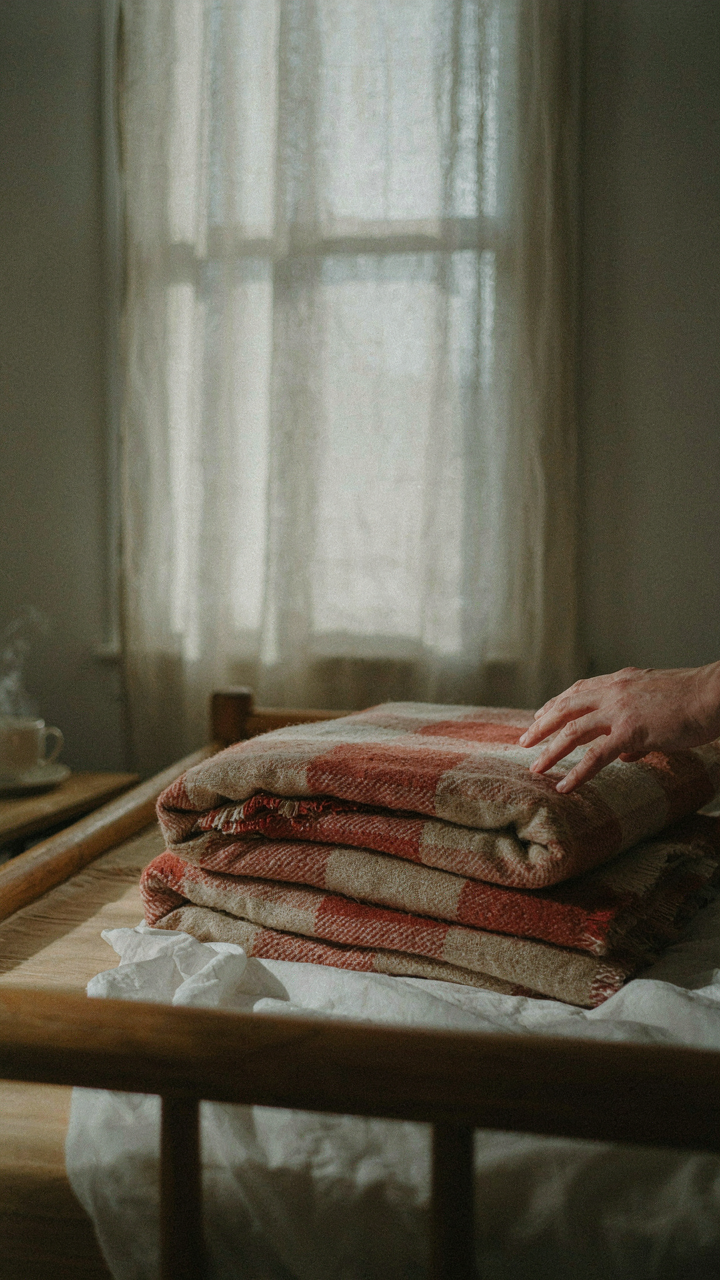 A hand gently touches a folded flannel blanket on a bed in a cozy cabin bedroom.