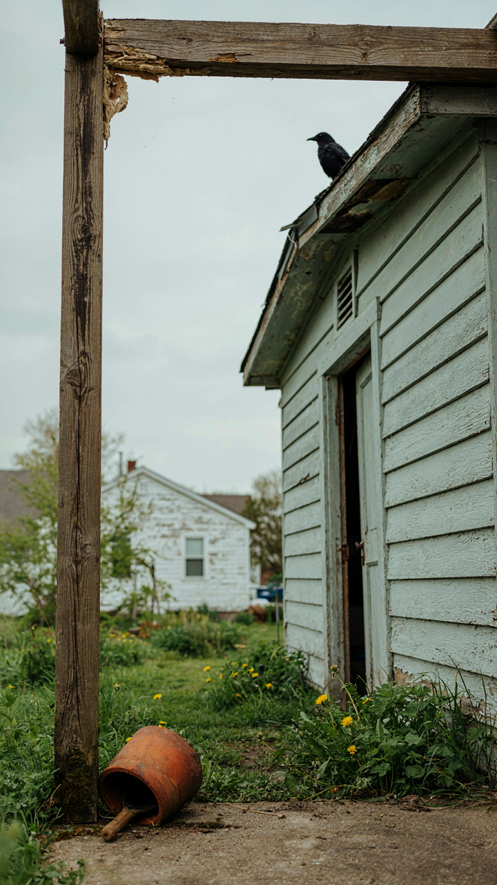 A close up of a rotting wooden porch beam on a garden shed, showing decay.