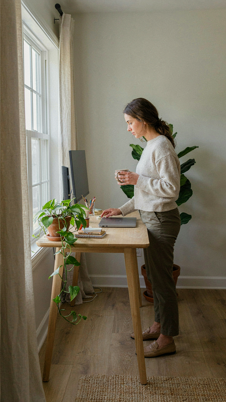 A person stands at a desk in a bright she shed office.