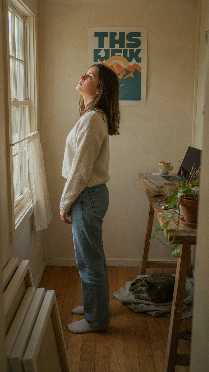 A person stares at a motivational poster in a she shed.