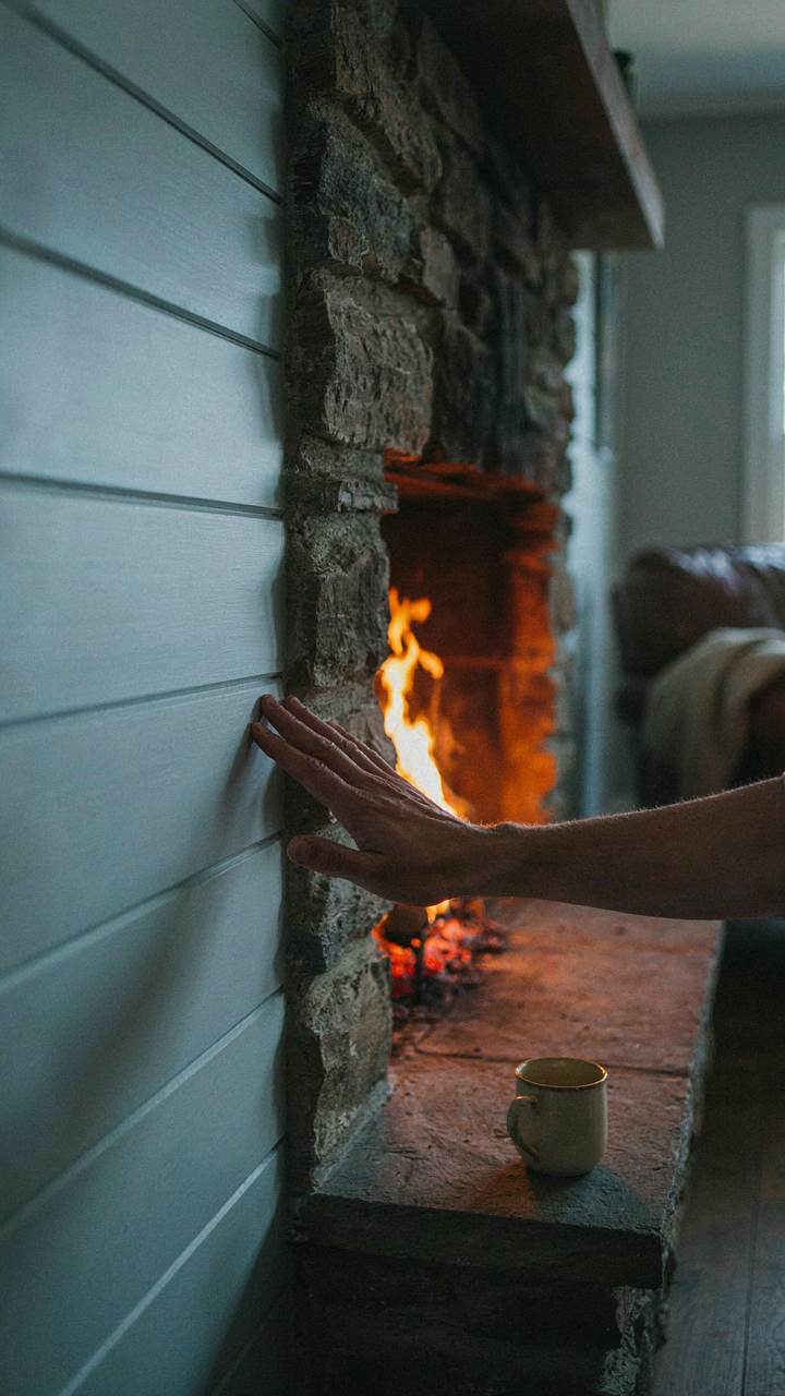 A hand touches the cool shiplap next to a fireplace.