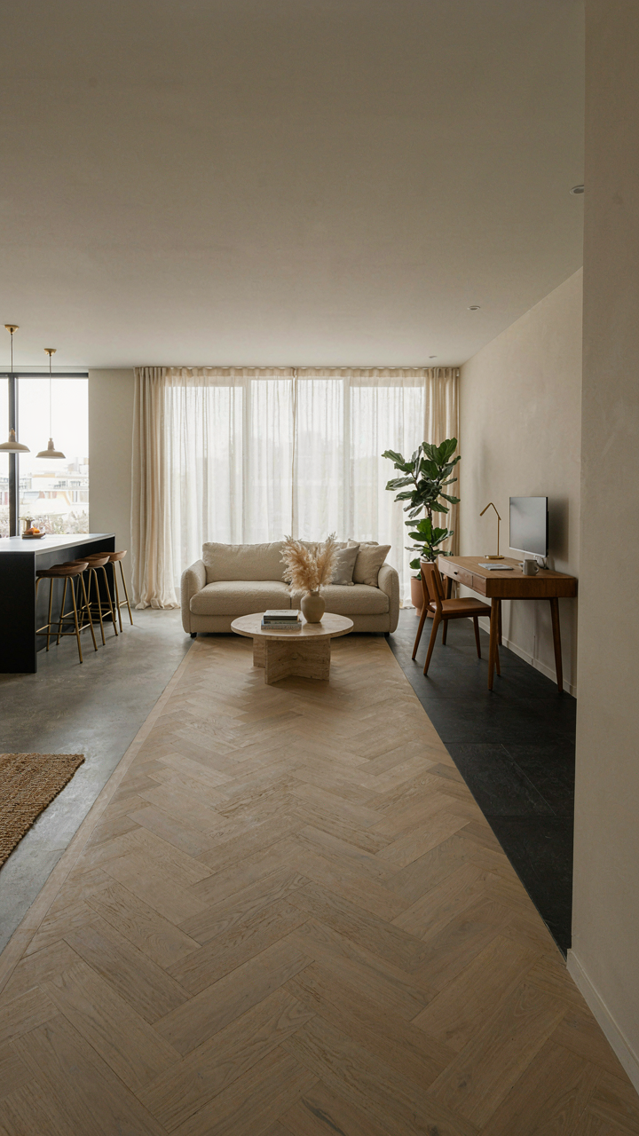 An expansive open room with varied flooring visually separating kitchen, living, and office zones.